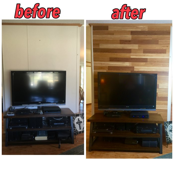 Before and after photos of faux pallet wall