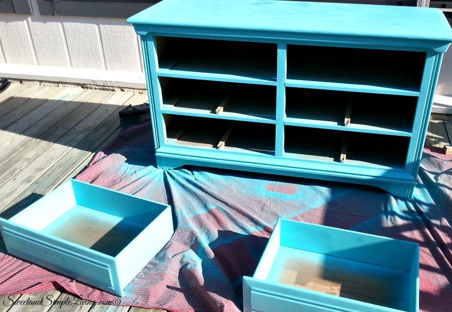 upcycled drawers to shelves painted